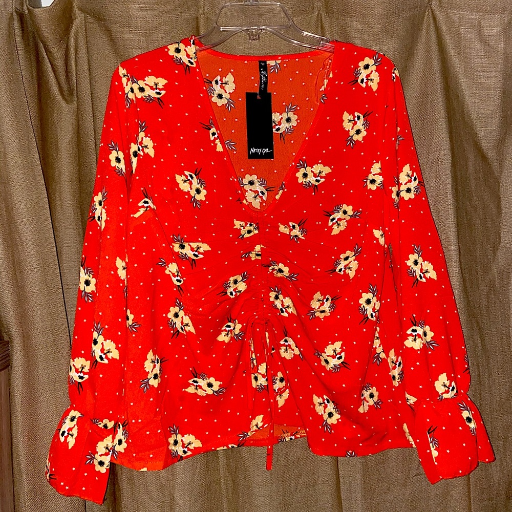 Brand New Nasty Gal Red Floral Ruched Top
